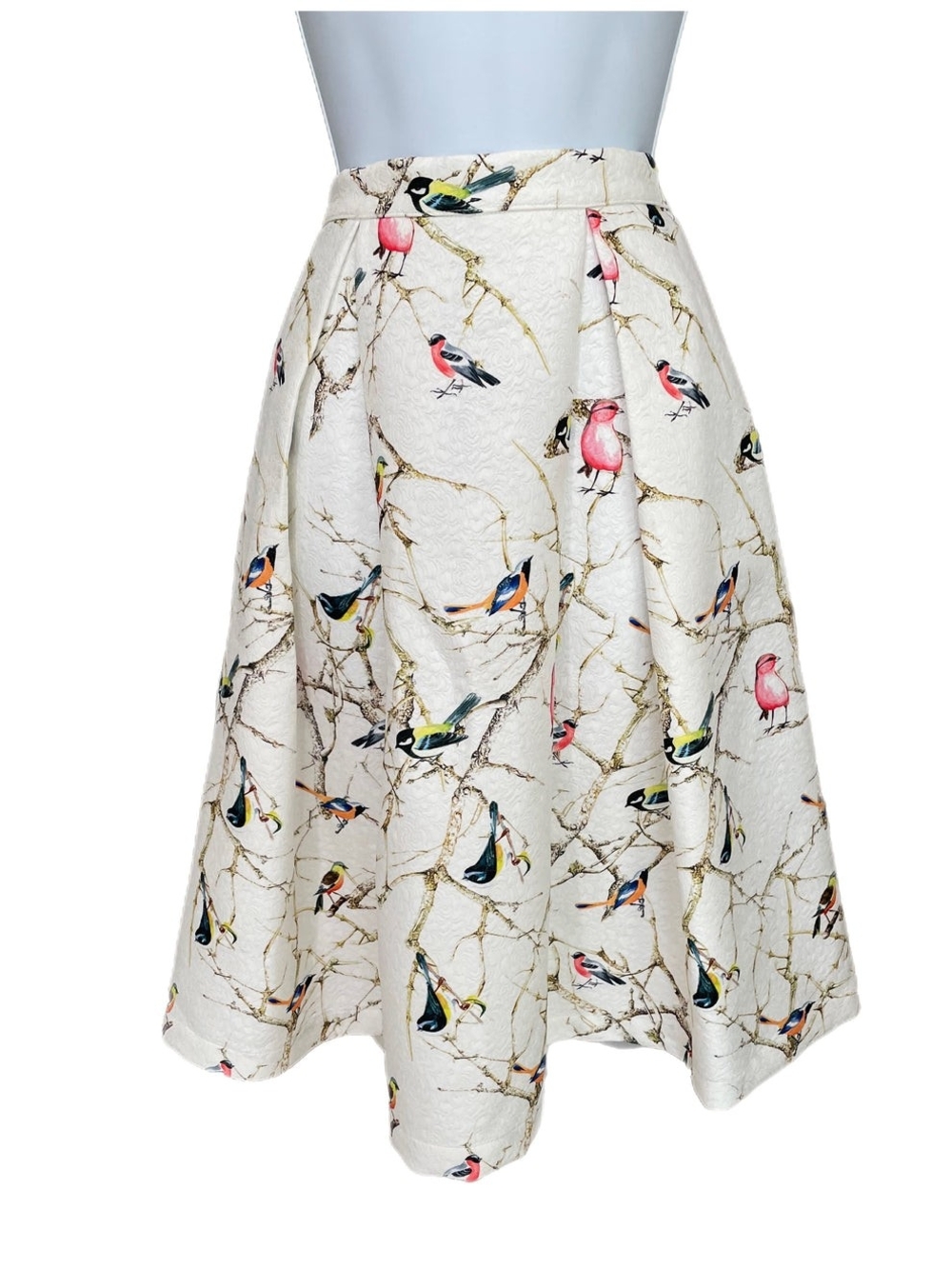 Cream Circle Skirt with Colorful Bird Print